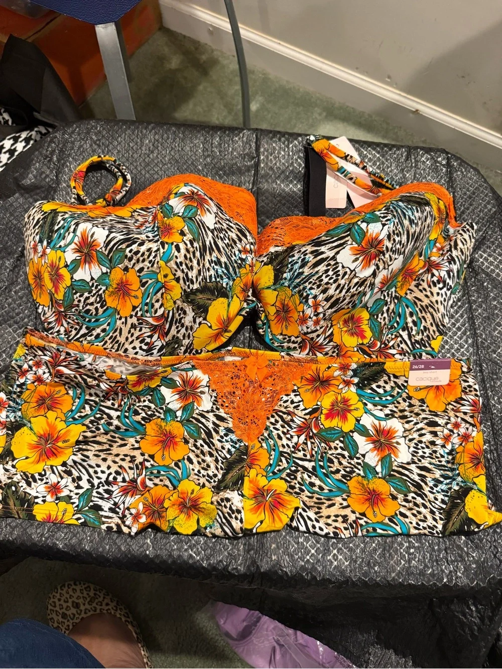 NWT Cacique (Lane Bryant) Tropical Floral Orange Lace Bra & Boy Short Set - Picture 1 of 2